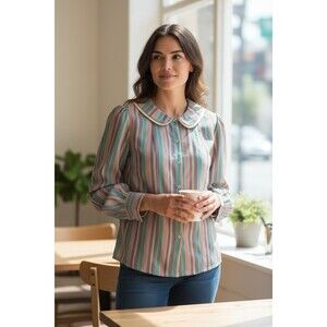 Vintage 1980s Tomboy Career Collectables Striped Collared Blouse Size M